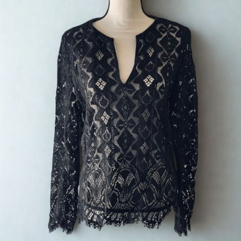 Black Lace Long Sleeve Top - Sheer Boho Elegant Blouse M